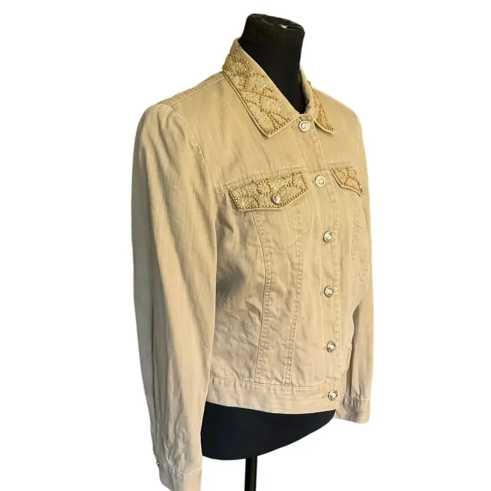 Nancy Bolen City Girl Beaded Embellished Khaki Button Front Denim Jacket Size M - Picture 2 of 8